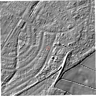 Shaded relief map of the ground around PR98QJ, computed from Environment Agency LiDAR. The ground here sits at about 5 m above sea level and falls 9 m across the surrounding 800 m. Surface water reaching this point runs off ground lying to the south-east, 5.6 m higher.