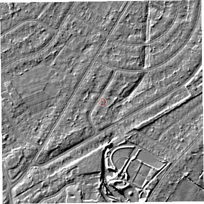 Shaded relief map of the ground around PR98QL, computed from Environment Agency LiDAR. The ground here sits at about 5 m above sea level and falls 5 m across the surrounding 800 m. Surface water reaching this point runs off ground lying to the south, 3.3 m higher.