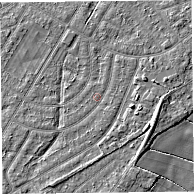 Shaded relief map of the ground around PR98QN, computed from Environment Agency LiDAR. The ground here sits at about 5 m above sea level and falls 9 m across the surrounding 800 m. Surface water reaching this point runs off ground lying to the south-west, 1.5 m higher.