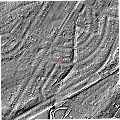 Shaded relief map of the ground around PR98QP, computed from Environment Agency LiDAR. The ground here sits at about 5 m above sea level and falls 4 m across the surrounding 800 m. Surface water reaching this point runs off ground lying to the east, 0.5 m higher.