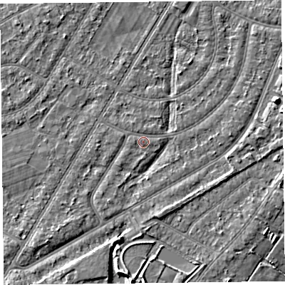 Shaded relief map of the ground around PR98QQ, computed from Environment Agency LiDAR. The ground here sits at about 5 m above sea level and falls 4 m across the surrounding 800 m. Surface water reaching this point runs off ground lying to the west, 0.5 m higher.
