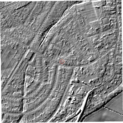 Shaded relief map of the ground around PR98QR, computed from Environment Agency LiDAR. The ground here sits at about 5 m above sea level and falls 8 m across the surrounding 800 m. Surface water reaching this point runs off ground lying to the north-east, 2.4 m higher.