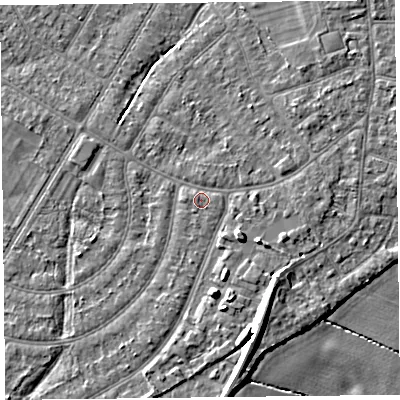 Shaded relief map of the ground around PR98QT, computed from Environment Agency LiDAR. The ground here sits at about 5 m above sea level and falls 8 m across the surrounding 800 m. Surface water reaching this point runs off ground lying to the south-south-east, 6.1 m higher.