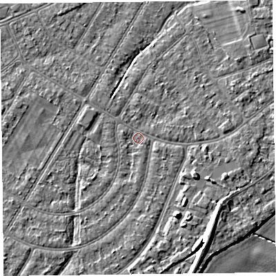 Shaded relief map of the ground around PR98QU, computed from Environment Agency LiDAR. The ground here sits at about 5 m above sea level and falls 8 m across the surrounding 800 m. Surface water reaching this point runs off ground lying to the south-west, 1.6 m higher.