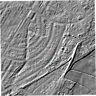 Shaded relief map of the ground around PR98QW, computed from Environment Agency LiDAR. The ground here sits at about 5 m above sea level and falls 9 m across the surrounding 800 m. Surface water reaching this point runs off ground lying to the south-west, 1.5 m higher.