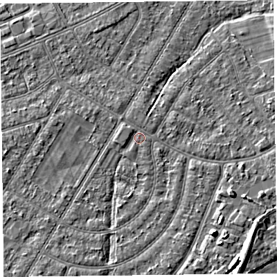 Shaded relief map of the ground around PR98QX, computed from Environment Agency LiDAR. The ground here sits at about 5 m above sea level and falls 7 m across the surrounding 800 m. Surface water reaching this point runs off ground lying to the west-north-west, 0.9 m higher.