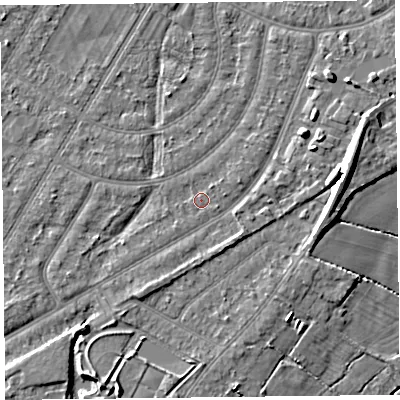 Shaded relief map of the ground around PR98QY, computed from Environment Agency LiDAR. The ground here sits at about 5 m above sea level and falls 9 m across the surrounding 800 m. Surface water reaching this point runs off ground lying to the north-east, 0.8 m higher.