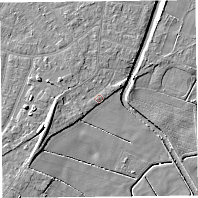 Shaded relief map of the ground around PR98RA, computed from Environment Agency LiDAR. The ground here sits at about 5 m above sea level and falls 10 m across the surrounding 800 m. Surface water reaching this point runs off ground lying to the west-south-west, 0.6 m higher.