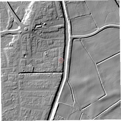Shaded relief map of the ground around PR98RB, computed from Environment Agency LiDAR. The ground here sits at about 4 m above sea level and falls 11 m across the surrounding 800 m. Surface water reaching this point runs off ground lying to the north-west, 7.0 m higher.
