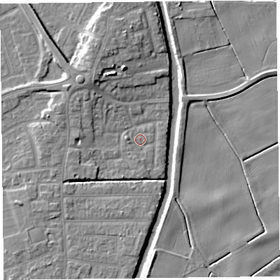 Shaded relief map of the ground around PR98RD, computed from Environment Agency LiDAR. The ground here sits at about 4 m above sea level and falls 9 m across the surrounding 800 m. Surface water reaching this point runs off ground lying to the west, 1.5 m higher.