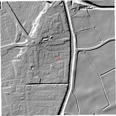 Shaded relief map of the ground around PR98RE, computed from Environment Agency LiDAR. The ground here sits at about 4 m above sea level and falls 11 m across the surrounding 800 m. Surface water reaching this point runs off ground lying to the west-north-west, 4.6 m higher.