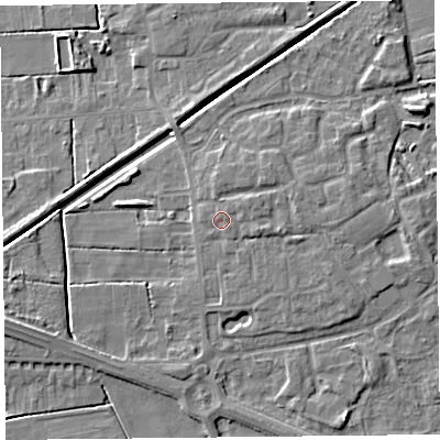 Shaded relief map of the ground around PR98RF, computed from Environment Agency LiDAR. The ground here sits at about 5 m above sea level and falls 5 m across the surrounding 800 m. Surface water reaching this point runs off ground lying to the east-north-east, 0.7 m higher.
