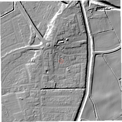 Shaded relief map of the ground around PR98RH, computed from Environment Agency LiDAR. The ground here sits at about 5 m above sea level and falls 11 m across the surrounding 800 m. Surface water reaching this point runs off ground lying to the north-west, 3.1 m higher.