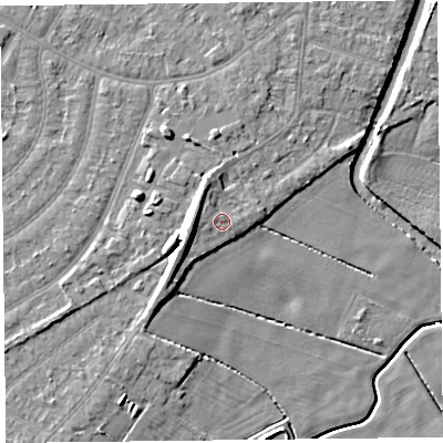 Shaded relief map of the ground around PR98RJ, computed from Environment Agency LiDAR. The ground here sits at about 6 m above sea level and falls 10 m across the surrounding 800 m. Surface water reaching this point runs off ground lying to the west, 3.9 m higher.