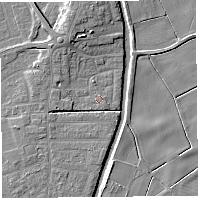 Shaded relief map of the ground around PR98RL, computed from Environment Agency LiDAR. The ground here sits at about 4 m above sea level and falls 9 m across the surrounding 800 m. Surface water reaching this point runs off ground lying to the south, 0.6 m higher.