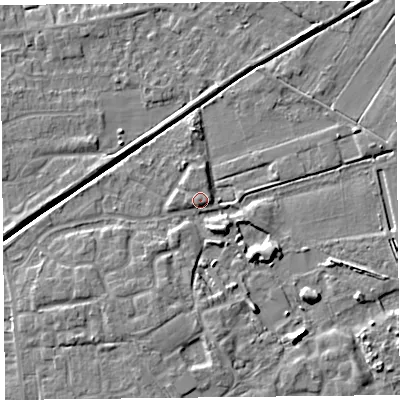Shaded relief map of the ground around PR98RN, computed from Environment Agency LiDAR. The ground here sits at about 4 m above sea level and falls 6 m across the surrounding 800 m. Surface water reaching this point runs off ground lying to the south-west, 3.9 m higher.