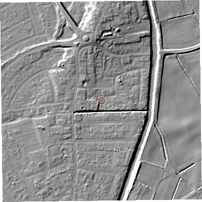 Shaded relief map of the ground around PR98RQ, computed from Environment Agency LiDAR. The ground here sits at about 5 m above sea level and falls 9 m across the surrounding 800 m. Surface water reaching this point runs off ground lying to the north-north-west, 3.7 m higher.