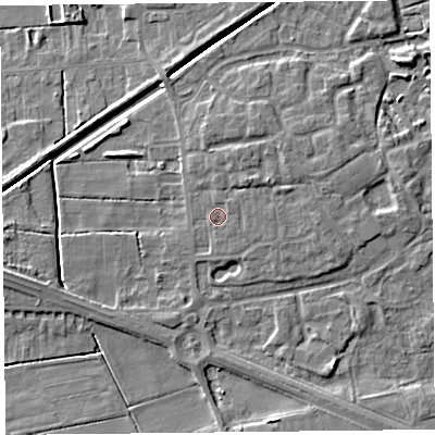 Shaded relief map of the ground around PR98RS, computed from Environment Agency LiDAR. The ground here sits at about 5 m above sea level and falls 5 m across the surrounding 800 m. Surface water reaching this point runs off ground lying to the north-east, 1.0 m higher.