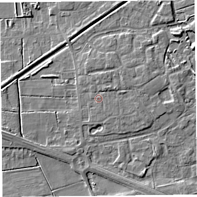 Shaded relief map of the ground around PR98RT, computed from Environment Agency LiDAR. The ground here sits at about 5 m above sea level and falls 6 m across the surrounding 800 m. Surface water reaching this point runs off ground lying to the north, 1.6 m higher.
