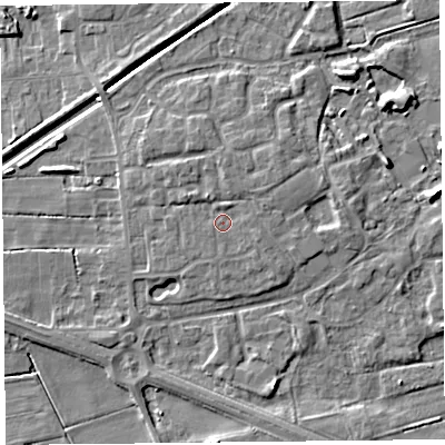 Shaded relief map of the ground around PR98RU, computed from Environment Agency LiDAR. The ground here sits at about 5 m above sea level and falls 7 m across the surrounding 800 m. Surface water reaching this point runs off ground lying to the north-west, 1.4 m higher.
