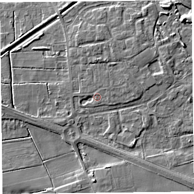 Shaded relief map of the ground around PR98RW, computed from Environment Agency LiDAR. The ground here sits at about 4 m above sea level and falls 6 m across the surrounding 800 m. Surface water reaching this point runs off ground lying to the north-north-east, 2.6 m higher.