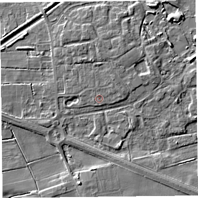 Shaded relief map of the ground around PR98RX, computed from Environment Agency LiDAR. The ground here sits at about 5 m above sea level and falls 7 m across the surrounding 800 m. Surface water reaching this point runs off ground lying to the north-north-west, 1.5 m higher.