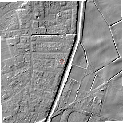 Shaded relief map of the ground around PR98RZ, computed from Environment Agency LiDAR. The ground here sits at about 5 m above sea level and falls 7 m across the surrounding 800 m. Surface water reaching this point runs off ground lying to the east, 0.6 m higher.