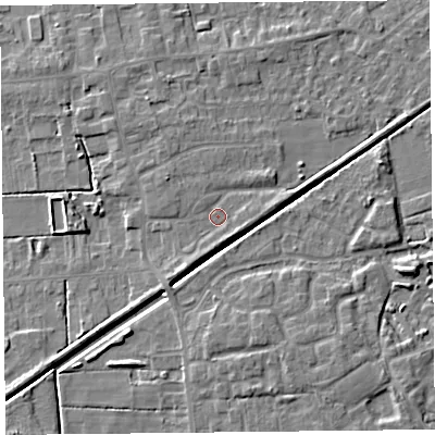 Shaded relief map of the ground around PR98SA, computed from Environment Agency LiDAR. The ground here sits at about 5 m above sea level and falls 5 m across the surrounding 800 m. Surface water reaching this point runs off ground lying to the south-south-east, 1.5 m higher.