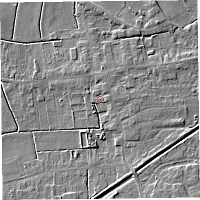 Shaded relief map of the ground around PR98SB, computed from Environment Agency LiDAR. The ground here sits at about 5 m above sea level and falls 6 m across the surrounding 800 m. Surface water reaching this point runs off ground lying to the north-east, 0.9 m higher.