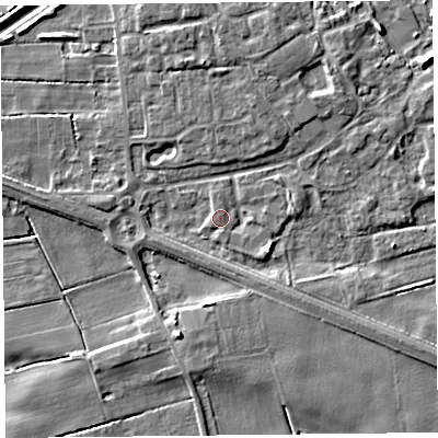 Shaded relief map of the ground around PR98SD, computed from Environment Agency LiDAR. The ground here sits at about 4 m above sea level and falls 7 m across the surrounding 800 m. Surface water reaching this point runs off ground lying to the north-north-west, 3.6 m higher.