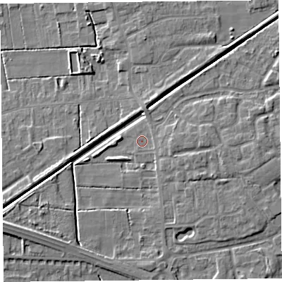 Shaded relief map of the ground around PR98SH, computed from Environment Agency LiDAR. The ground here sits at about 4 m above sea level and falls 5 m across the surrounding 800 m. Surface water reaching this point runs off ground lying to the east, 2.0 m higher.
