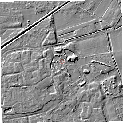 Shaded relief map of the ground around PR98SJ, computed from Environment Agency LiDAR. The ground here sits at about 3 m above sea level and falls 6 m across the surrounding 800 m. Surface water reaching this point runs off ground lying to the west-south-west, 3.1 m higher.