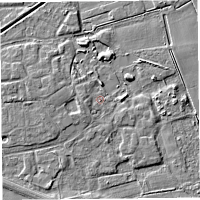 Shaded relief map of the ground around PR98SL, computed from Environment Agency LiDAR. The ground here sits at about 4 m above sea level and falls 6 m across the surrounding 800 m. Surface water reaching this point runs off ground lying to the west, 2.2 m higher.