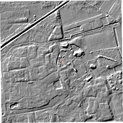 Shaded relief map of the ground around PR98SN, computed from Environment Agency LiDAR. The ground here sits at about 3 m above sea level and falls 6 m across the surrounding 800 m. Surface water reaching this point runs off ground lying to the west-south-west, 2.9 m higher.