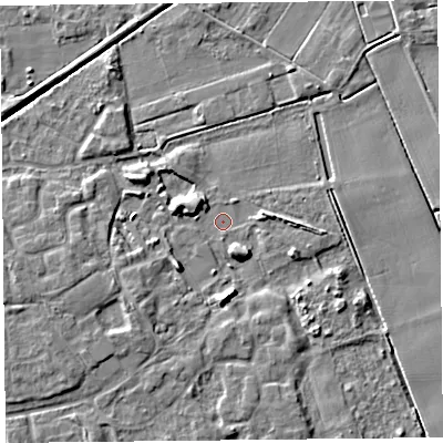 Shaded relief map of the ground around PR98SP, computed from Environment Agency LiDAR. The ground here sits at about 3 m above sea level and falls 6 m across the surrounding 800 m. Surface water reaching this point runs off ground lying to the south, 5.0 m higher.