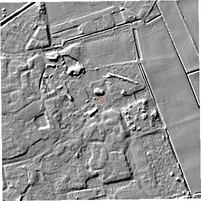 Shaded relief map of the ground around PR98SQ, computed from Environment Agency LiDAR. The ground here sits at about 3 m above sea level and falls 6 m across the surrounding 800 m. Surface water reaching this point runs off ground lying to the south-south-west, 5.0 m higher.