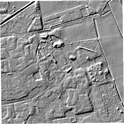 Shaded relief map of the ground around PR98SR, computed from Environment Agency LiDAR. The ground here sits at about 3 m above sea level and falls 6 m across the surrounding 800 m. Surface water reaching this point runs off ground lying to the west, 3.3 m higher.