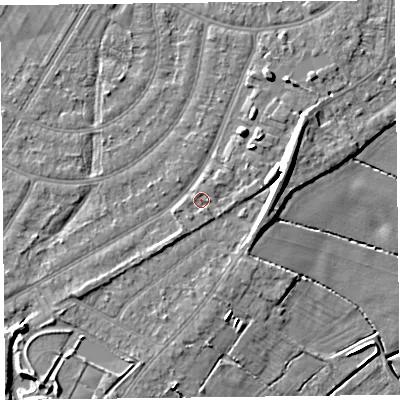 Shaded relief map of the ground around PR98SS, computed from Environment Agency LiDAR. The ground here sits at about 5 m above sea level and falls 10 m across the surrounding 800 m. Surface water reaching this point runs off ground lying to the south-south-west, 0.9 m higher.
