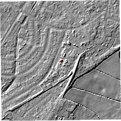 Shaded relief map of the ground around PR98ST, computed from Environment Agency LiDAR. The ground here sits at about 7 m above sea level and falls 9 m across the surrounding 800 m. Surface water reaching this point runs off ground lying to the south-east, 5.5 m higher.