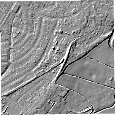 Shaded relief map of the ground around PR98SZ, computed from Environment Agency LiDAR. The ground here sits at about 6 m above sea level and falls 10 m across the surrounding 800 m. Surface water reaching this point runs off ground lying to the south-east, 3.1 m higher.
