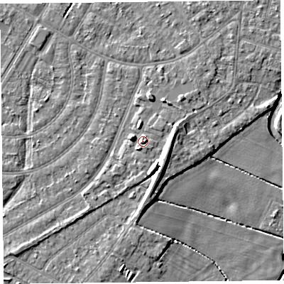 Shaded relief map of the ground around PR98TA, computed from Environment Agency LiDAR. The ground here sits at about 6 m above sea level and falls 10 m across the surrounding 800 m. Surface water reaching this point runs off ground lying to the south-east, 5.4 m higher.