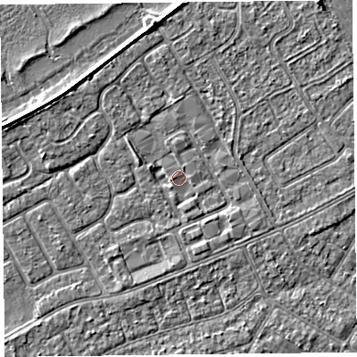Shaded relief map of the ground around PR99AL, computed from Environment Agency LiDAR. The ground here sits at about 5 m above sea level and falls 3 m across the surrounding 800 m. Surface water reaching this point runs off ground lying to the south, 1.7 m higher.