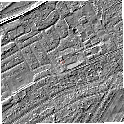 Shaded relief map of the ground around PR99DJ, computed from Environment Agency LiDAR. The ground here sits at about 5 m above sea level and falls 3 m across the surrounding 800 m. Surface water reaching this point runs off ground lying to the east, 1.0 m higher.