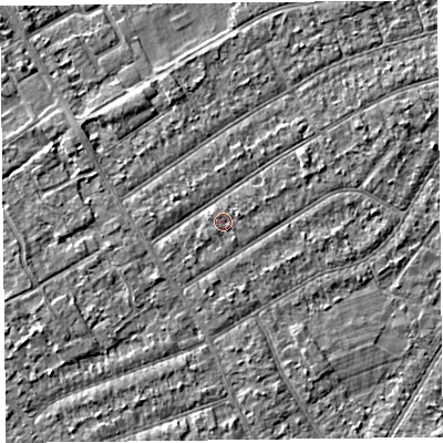 Shaded relief map of the ground around PR99DQ, computed from Environment Agency LiDAR. The ground here sits at about 6 m above sea level and falls 2 m across the surrounding 800 m. Surface water reaching this point runs off ground lying to the south-south-west, 0.5 m higher.