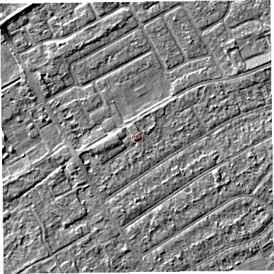 Shaded relief map of the ground around PR99EA, computed from Environment Agency LiDAR. The ground here sits at about 6 m above sea level and falls 3 m across the surrounding 800 m. Surface water reaching this point runs off ground lying to the west-south-west, 1.1 m higher.