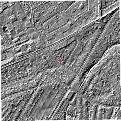 Shaded relief map of the ground around PR99FA, computed from Environment Agency LiDAR. The ground here sits at about 5 m above sea level and falls 4 m across the surrounding 800 m. Surface water reaching this point runs off ground lying to the west, 1.3 m higher.