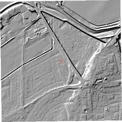 Shaded relief map of the ground around PR99FD, computed from Environment Agency LiDAR. The ground here sits at about 5 m above sea level and falls 11 m across the surrounding 800 m. Surface water reaching this point runs off ground lying to the south-east, 3.8 m higher.