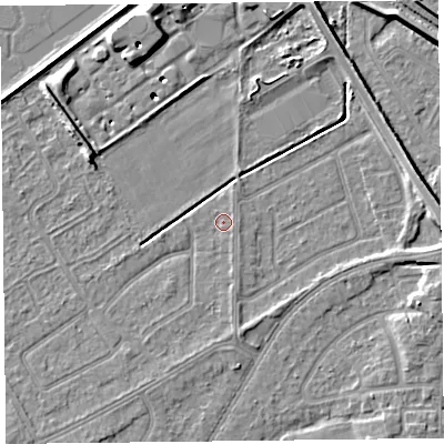 Shaded relief map of the ground around PR99FJ, computed from Environment Agency LiDAR. The ground here sits at about 5 m above sea level and falls 8 m across the surrounding 800 m. Surface water reaching this point runs off ground lying to the south, 1.3 m higher.