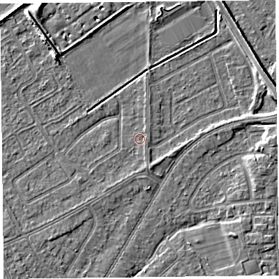 Shaded relief map of the ground around PR99FL, computed from Environment Agency LiDAR. The ground here sits at about 5 m above sea level and falls 8 m across the surrounding 800 m. Surface water reaching this point runs off ground lying to the south-south-east, 0.7 m higher.