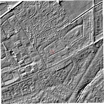 Shaded relief map of the ground around PR99FR, computed from Environment Agency LiDAR. The ground here sits at about 5 m above sea level and falls 4 m across the surrounding 800 m. Surface water reaching this point runs off ground lying to the east-north-east, 0.7 m higher.